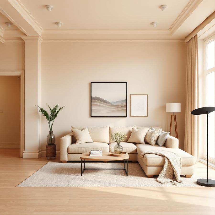 Nymalet stue i varme beige nuancer