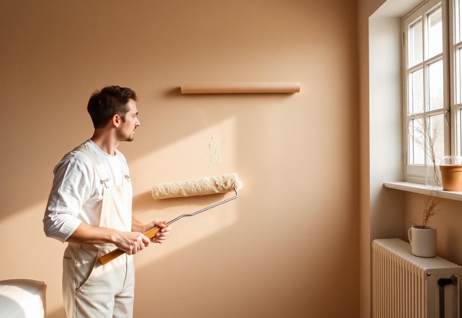 Maler ruller beige maling på væg i lys lejlighed